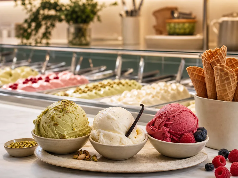 Glacerie artisanale avec glaces, cornets et comptoir professionnel