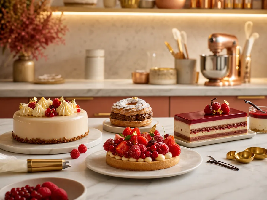 Atelier de pâtisserie avec entremets et tartes