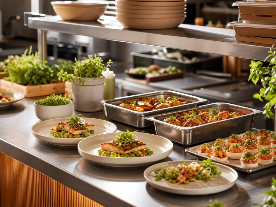 Cuisine professionnelle de traiteur avec plats préparés